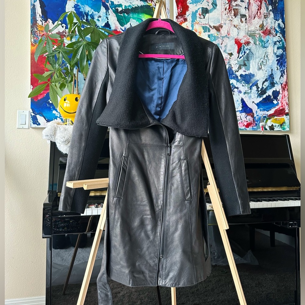 Elie Tahari Leather Trench Coat Belted - absolute beauty